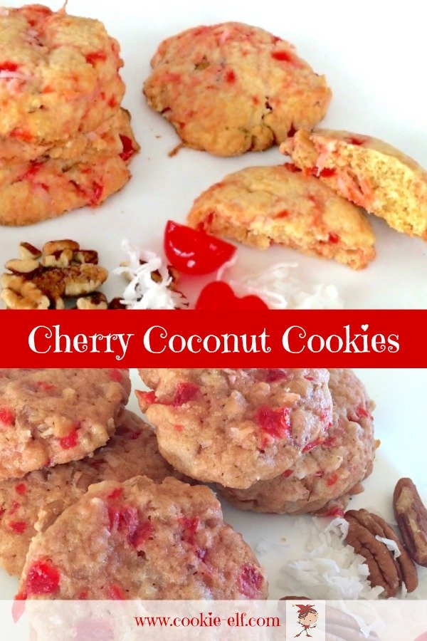 Cherry Coconut Cookies: colorful and easy drop cookie recipe with maraschino cherries, coconut, and pecans with The Cookie Elf.